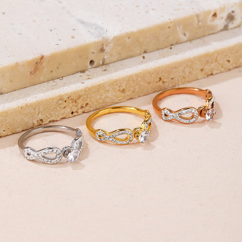 Elegant Curve Titanium Steel Artificial Diamond Open Ring In Bulk